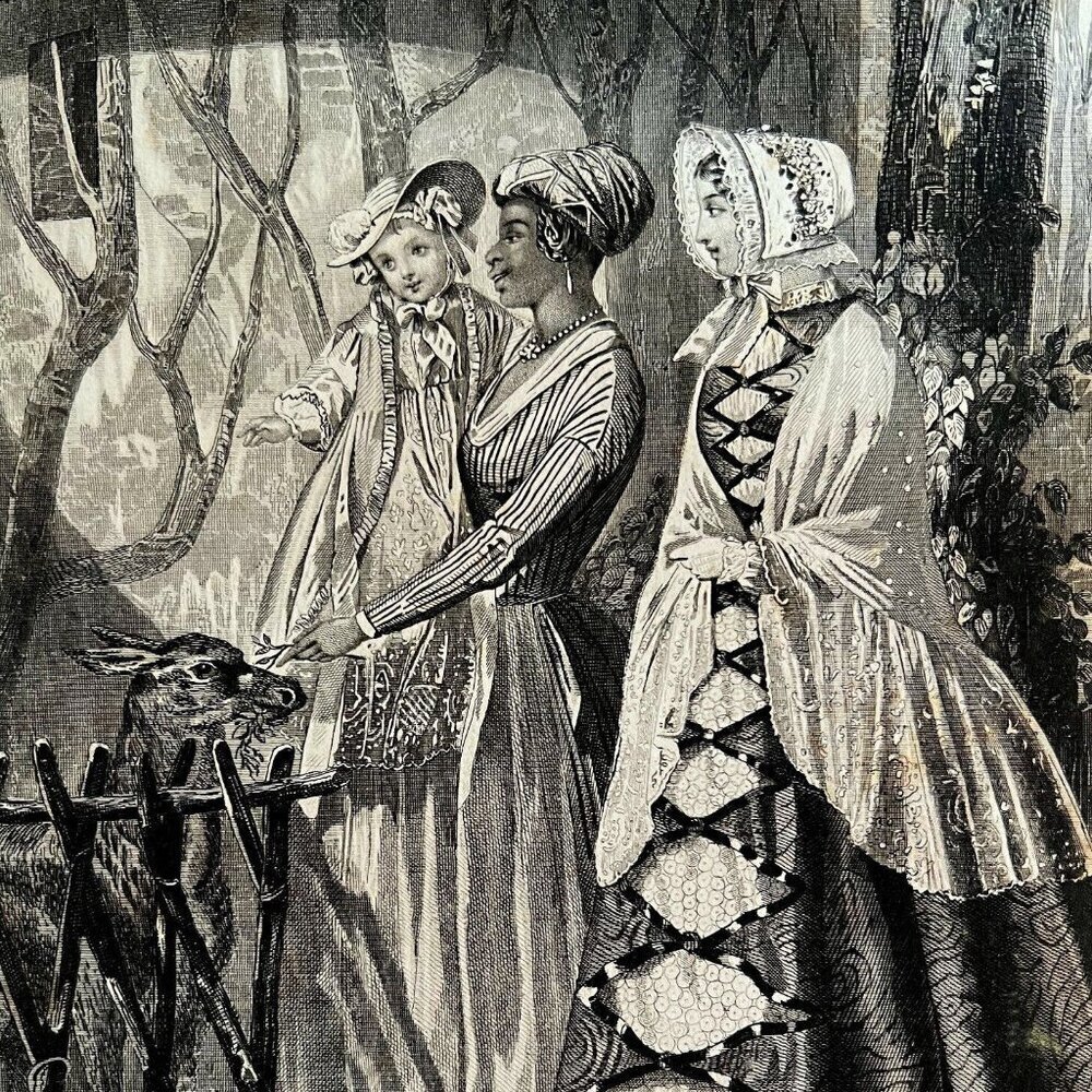 Oh Dear Oh Deer Steel Engraving 1859 Victorian Brautiful Women Art DWY5E